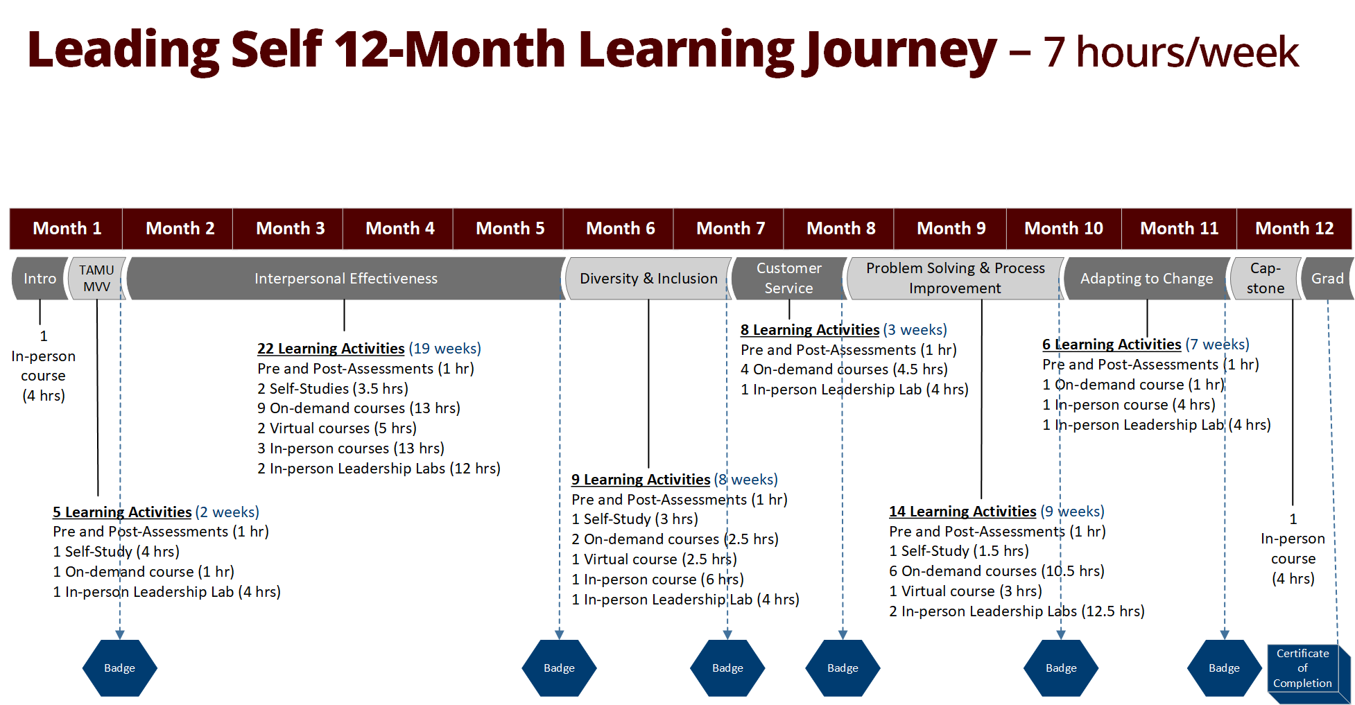 Shows the recommended distribution of learning activities over 12 months